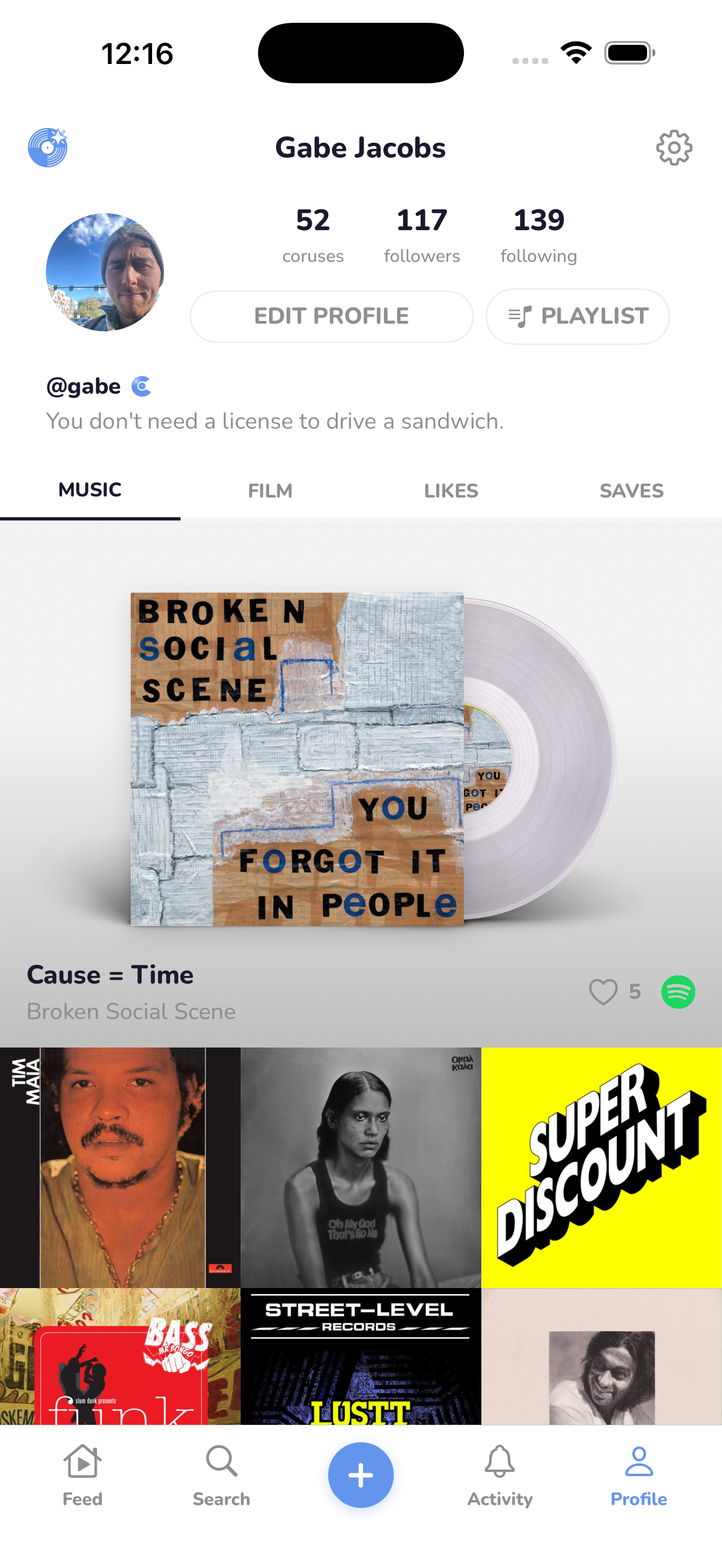 A Corus profile showing posted songs, films, likes, and saves.